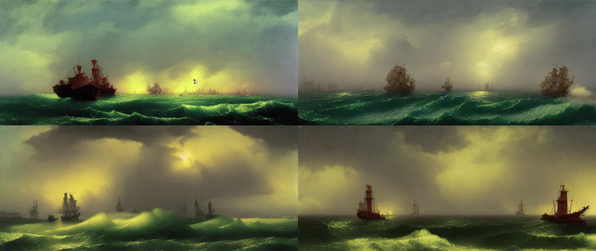 Prompt: giant waves in the harbor, lighthouse, galleon, ships, lightning, yellow glow, green water, in the style of Hovhannes Aivazovsky, Zdzislaw Beksinski and Canaletto, highly detailed, soft lighting, film grain, medium format, 8k resolution, oil on canvas