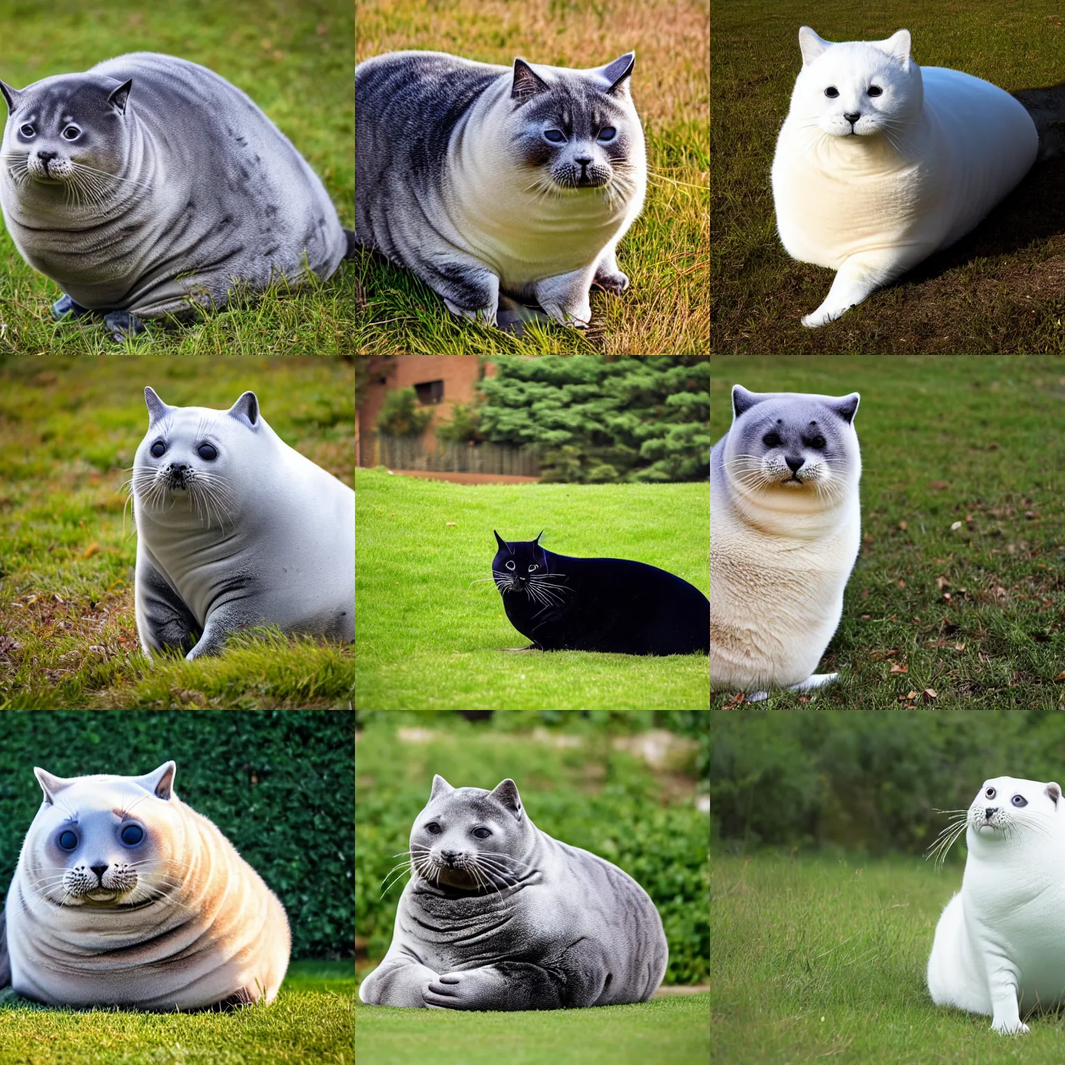 Prompt: Extreme Mega Chonker Cat that looks like a ((((((fat seal)))))) sitting in the grass, oh lawd he coming, professional photo, full body view, XF IQ4, 150MP, 50mm, F1.4, ISO 200, 1/160s, natural light