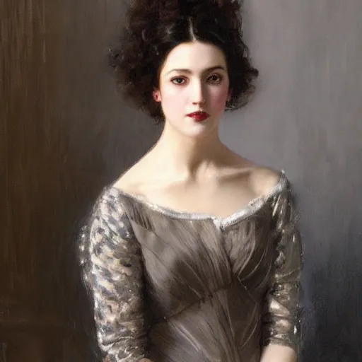 Prompt: a oil painting of a fair skin with dark curly stylised hair queen wearing dress, by frederick william elwell, highly detailed, realistic, concept art, jewels, oriental, desaturated