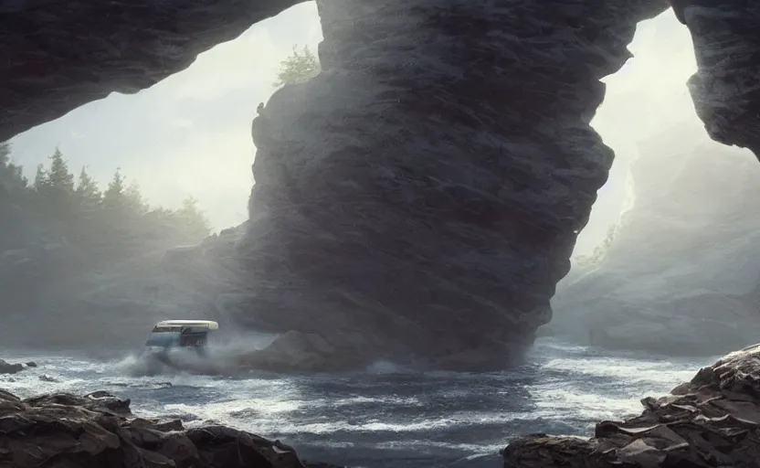 Image similar to exterior traveling greyhound bus circa 2 0 1 5, directed by charlie kaufman ( 2 0 0 1 ) anamorphic lenses, a rocky shore in the foreground, foggy volumetric light morning, a beam of light from the heavens, cinematic trending on artstation in the style of greg rutkowski