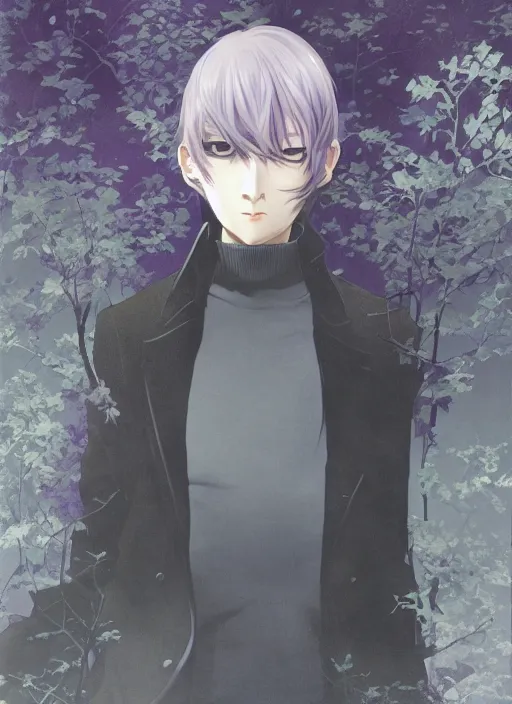 Image similar to illustration by shigenori soejima, by tatsuki fujimoto, by yoji shinakawa, tired girl, middle - parted long straight light purple hair, grey turtleneck coat, forest background, focus on face, pretty, moody lighting, painterly