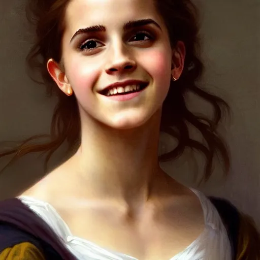 Image similar to Painting of Emma Watson as Hermione Granger. Wearing Hogwarts!!! robes!!!. Smiling. Happy. Cheerful. Art by william adolphe bouguereau. During golden hour. Extremely detailed. Beautiful. 4K. Award winning.