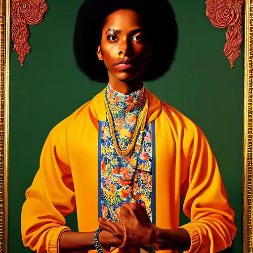 Image similar to A portrait of a skinny trendy and enchanting non-binary person, light skin tone, Indian, oil painting by Kehinde Wiley, majestic, detailed, high resolution