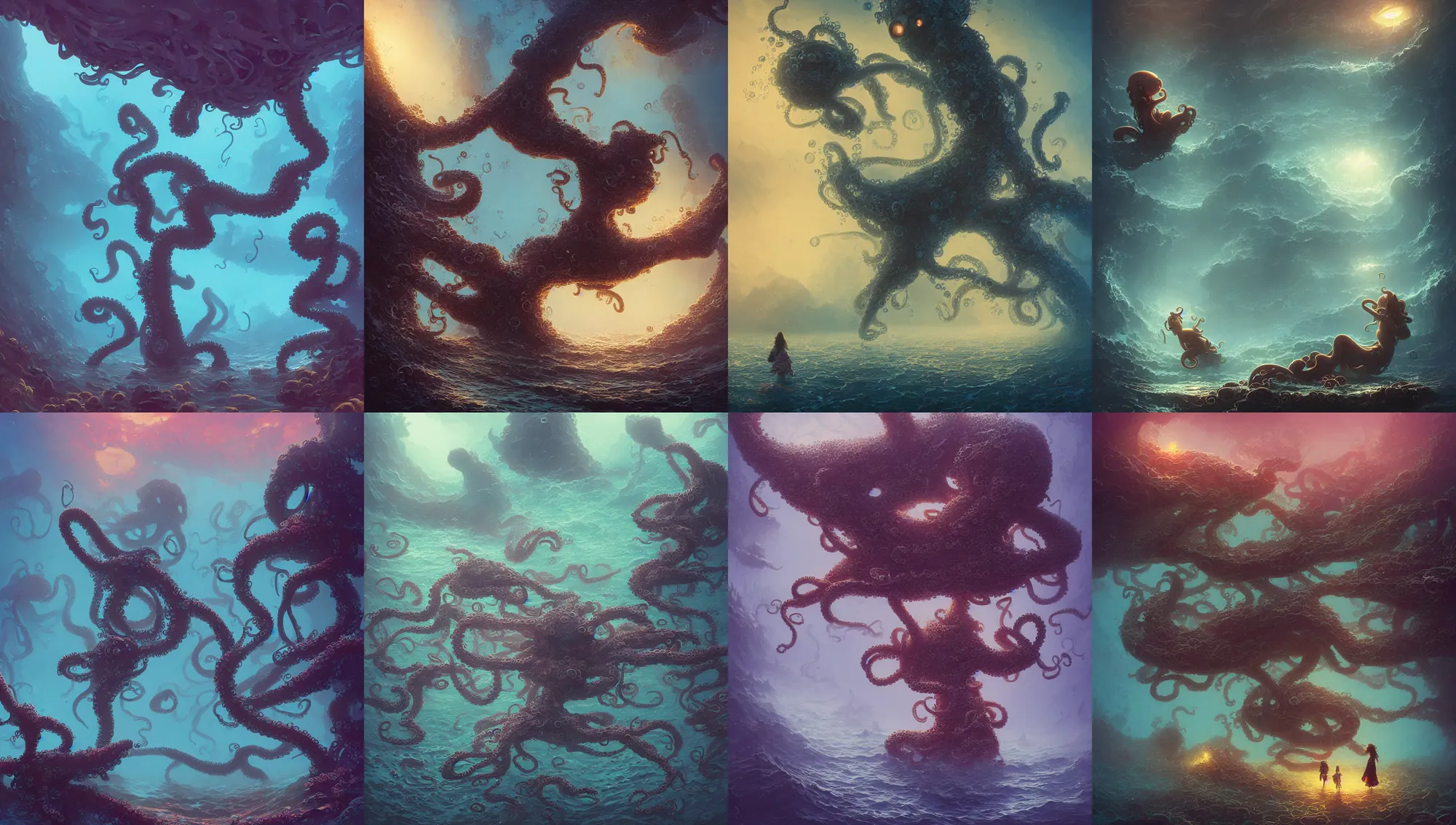 Prompt: dark oily water, anthropomorphic octopus girl, alena aenami, petros afshar, noah bradley, anton fadeev, anato finnstark, steve henderson, filip hodas, mark keathley, thomas kinkade, phil koch, gilbert williams, mike winkelmann, beeple