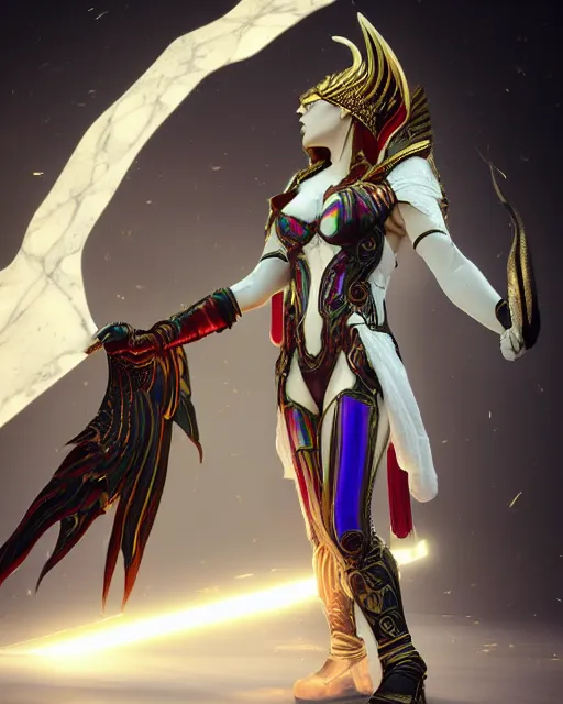 Prompt: red - haired final fantasy white marble egyptian pharaoh stroking her shiny rainbow dragon, warframe armor, regal, attractive, ornate, sultry, beautiful, elize theron, pretty face, green eyes, scifi platform, 4 k, ultra realistic, epic lighting, illuminated, cinematic, black gold, art by alexandra petruk, voidstar