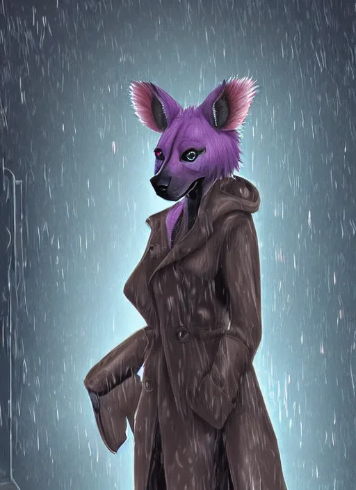 Image similar to digital artwork of anthromorphic hyena female, fursona, furry fandom, rainy cyberpunk setting, anthro, wearing large raincoat, detailed face,