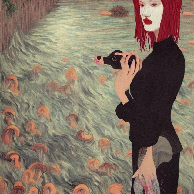 Image similar to tall female emo artist holding a pig's head in her flooded apartment, mushrooms, octopus, water gushing from ceiling, painting of flood waters inside an artist's apartment, a river flooding indoors, pomegranates, ikebana, zen, rapids, waterfall, black swans, canoe, berries, acrylic on canvas, surrealist, by magritte and monet