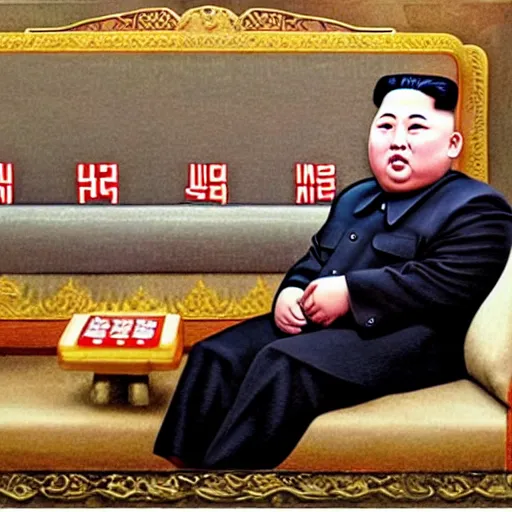 Image similar to cinematic shot of kim jong - un sitting on a couch in an apartment eating a box of cheez - its, 8 k, very intricate, very detailed,