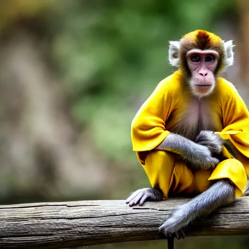 Image similar to a monkey wearing a yellow kimono, 8 k