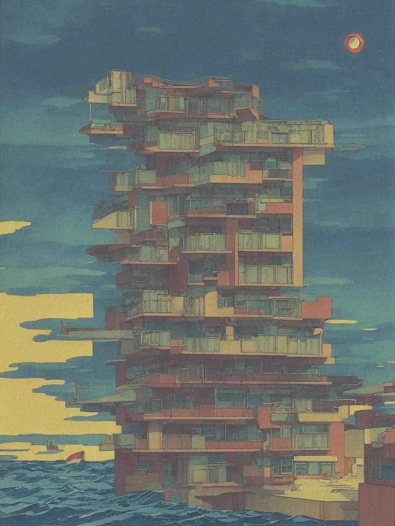 Image similar to a psychedelic hallucination of a brutalist hotel in the stormy ocean, by kawase hasui, moebius, edward hopper, colorful flat surreal design, dramatic lighting, hd, 8 k, artstation