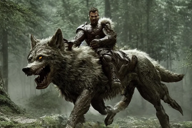 Image similar to vfx movie closeup detailed ancient armored warrior orc hunting riding large wolf in the forest, natural lighting by emmanuel lubezki