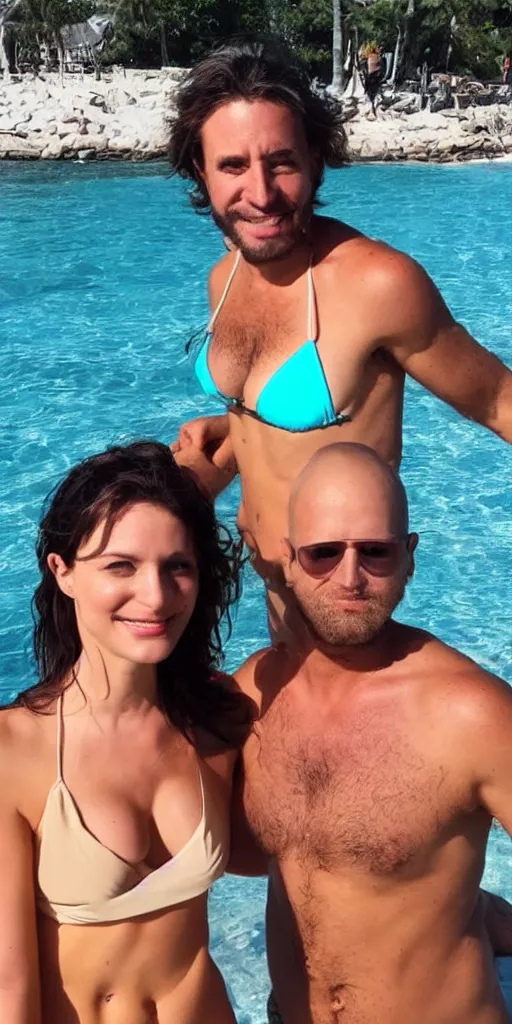 Image similar to photo of a 4 0 year old man that looks young for his age dating a very attractive 2 2 year old woman wearing a bikini. his wife is visibly upset in the background. lol