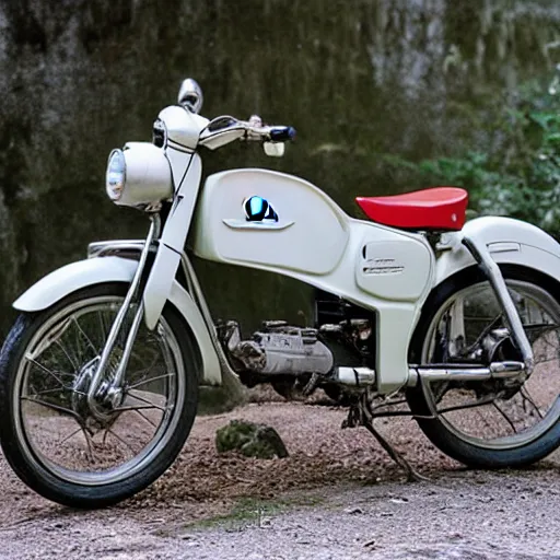 Prompt: honda super cub excavated from the ruins of a super - ancient civilization