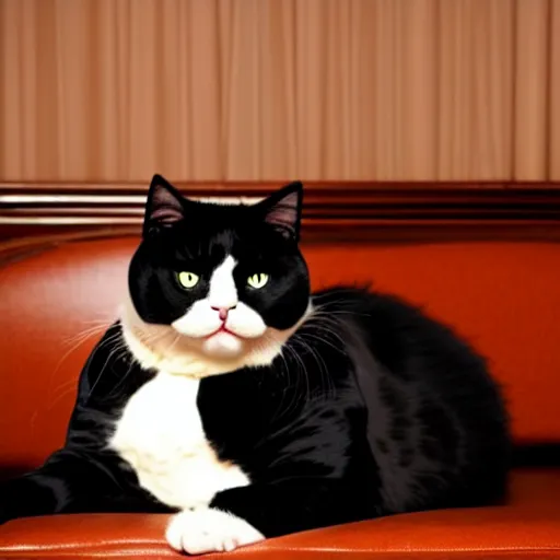 Image similar to photograph of a very fat and judgmental cat wearing a full tuxedo sitting in a dimly lit parlor lounge