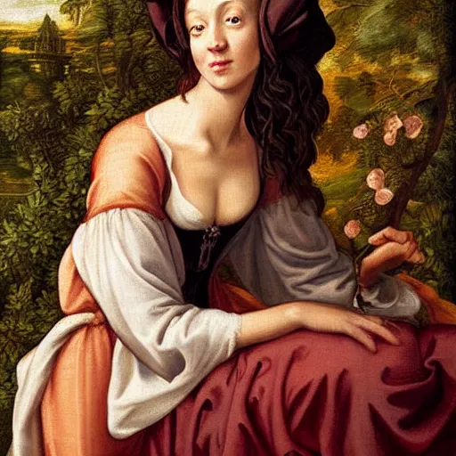 Image similar to skinny female artist in the style of renaissance oil painting, rococo, manga