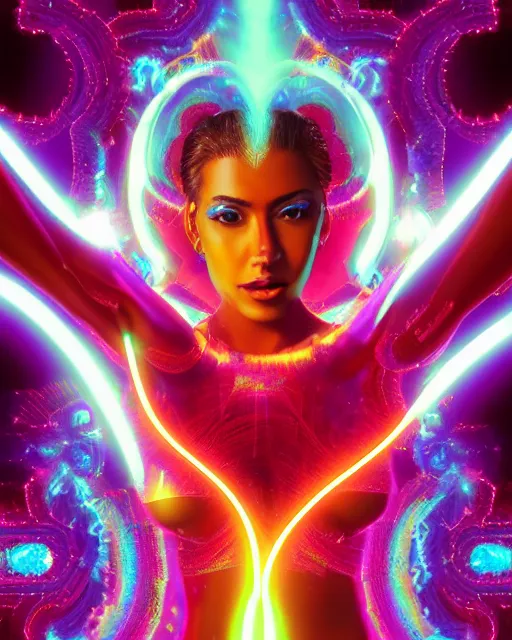 Image similar to a powerful energy psychedelic matrix latin woman, by alexander fedosav, hyper detailed digital matte painting, concept art, hyperrealism, 1 6 k resolution, cinema 4 d, 8 k resolution, trending on artstation, behance hd, a masterpiece, by stephan martiniere, particles, cel - shaded, power bright neon energy, by david a. hardy