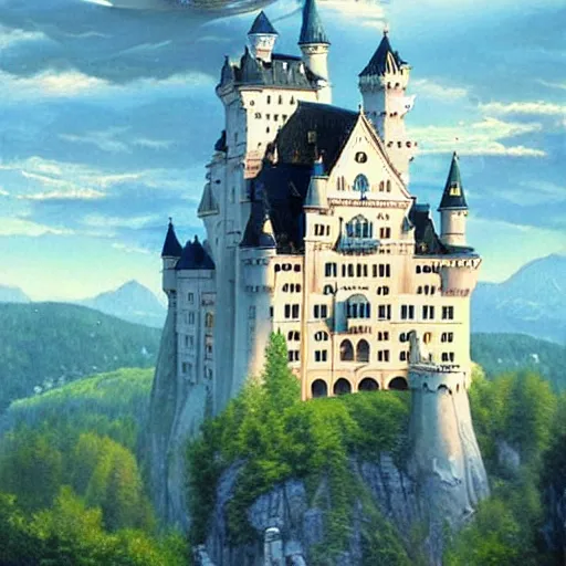 Image similar to a happy cyber whale is floating above castle neuschwanstein, it is a beautiful morning, painting by ed Binkley and Gerald Brom