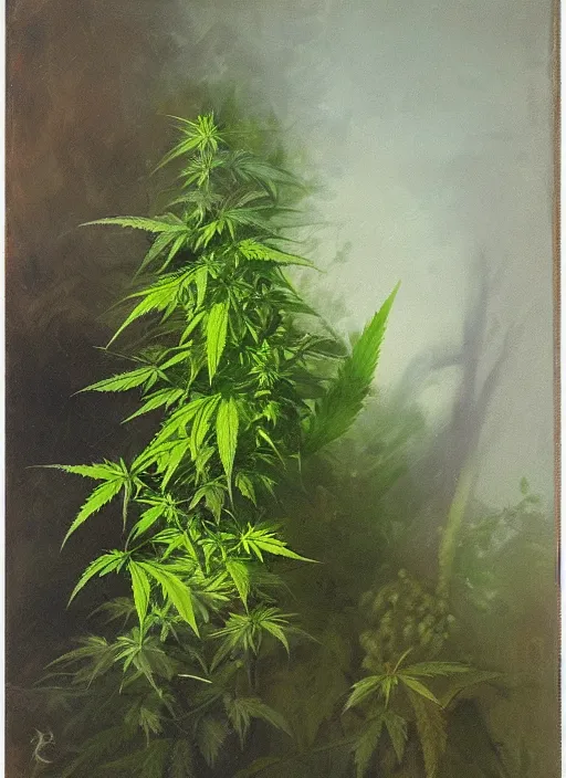 Prompt: oil painting by anders zorn, nature, bush, marijuana flowers, backlit cannabis leaves with backlight