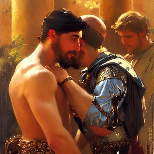 Image similar to attractive fully clothed king confesses his love for his attractive fully clothed male prince. highly detailed painting by gaston bussiere, mark brooks, j. c. leyendecker, craig mullins