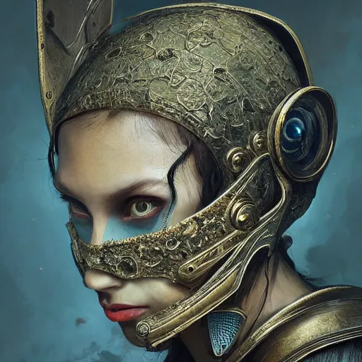 Image similar to Very very very very highly detailed epic central composition studio photography of face with venetian mask, intricate, dystopian, sci-fi, extremely detailed, digital painting, artstation, concept art, smooth, sharp focus, illustration, intimidating lighting, incredible art by Anna Dittmann and Jesper Ejsing and Anton Pieck