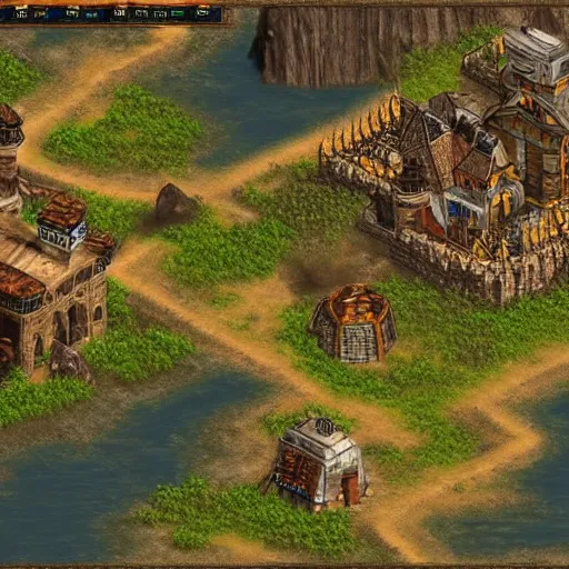 Image similar to map of age of empires video game, procedural, AOE2 , civilization, river, forest, cave, mountain, woods, hills, buildings, Insane Details, Digital Art, Epic Atmosphere, Extremely Detailed