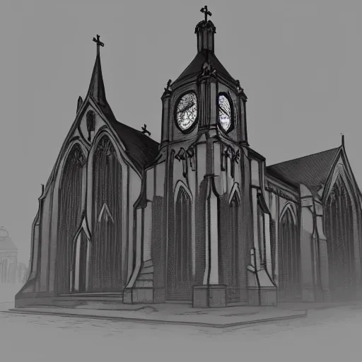 Image similar to victorian church in the middle of the city, dark, misty, at night, 8 k, detailed, concept art, trending on artstation