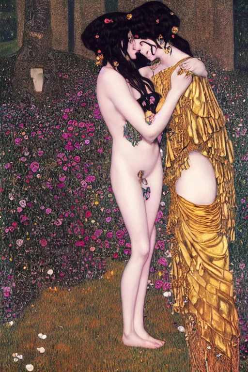 Prompt: two beautiful young succubuses, dark fantasy, kiss, highly detailed, artstation, illustration, art by Gustav Klimt