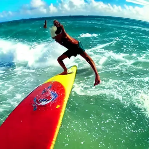 Prompt: go pro footage of spongebob surfing in miami