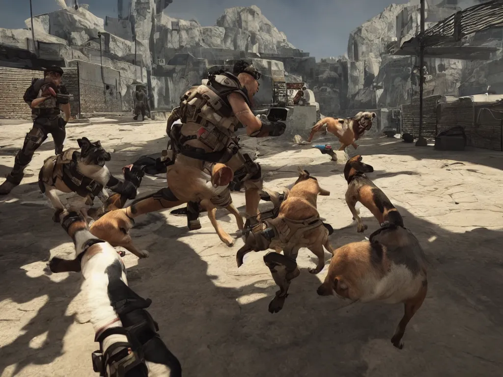 Image similar to dogs fighting humans, 3rd person shooter, unreal engine