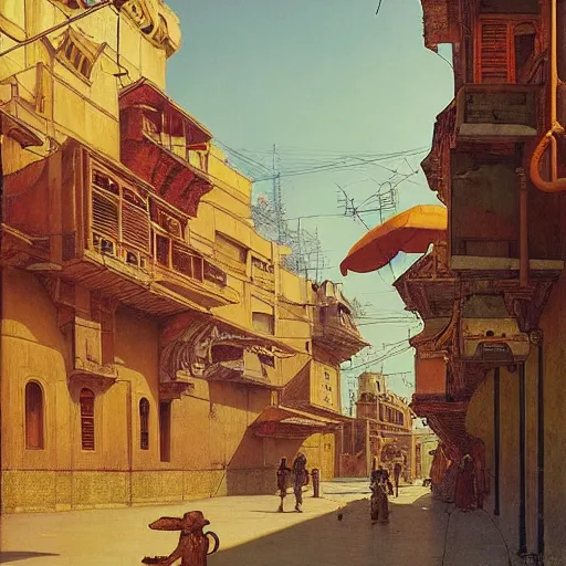 Prompt: art deco streets of the Undying Empire city of ya-Sattra during the Festival of Masks, award-winning realistic painting by Beksinski, Bruegel, Greg Rutkowski, Alphonse Mucha, and Yoshitaka Amano