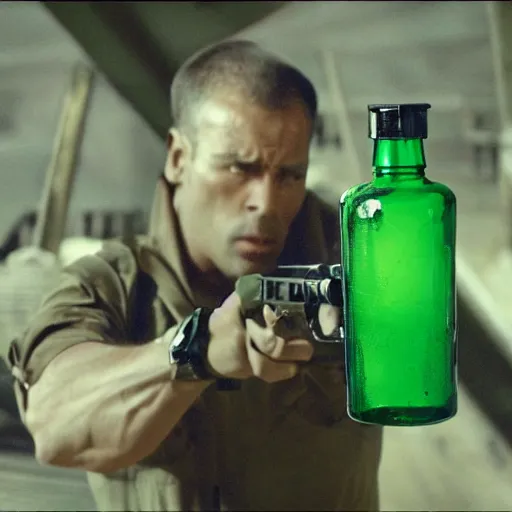 Image similar to film still of an action movie about a green bottle