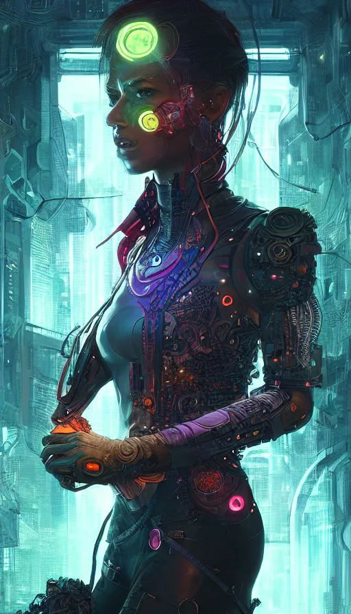 Prompt: cyberpunk angry gorgeous warlock, neon, fibonacci, sweat drops, insane, intricate, highly detailed, digital painting, artstation, concept art, smooth, sharp focus, illustration, Unreal Engine 5, 8K, art by artgerm and greg rutkowski and alphonse mucha