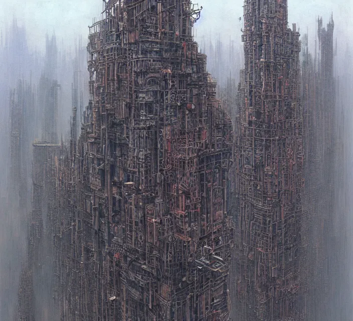 Image similar to gigantic mechanic megastructure tower in center, gothic, warhammer, cyberpunk, highly detailed, artstation, art by zdislav beksinski and wayne barlowe