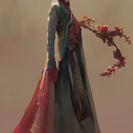 Image similar to oil painting girl wearing hanfu, herb rose, by greg rutkowski, artstation