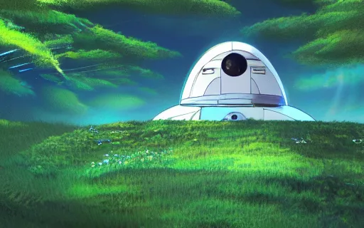 Image similar to a spaceship landing in the middle of a forest, art by hayao miyazaki, studio ghibli film, hi res, 4k, high detail