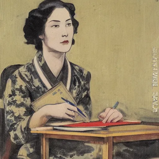 Image similar to portrait of mascha kaleko ( 1 9 4 0 ) writing poems, color hanafuda oil on canvas by ivan shishkin, james jean and yoji shinkawa