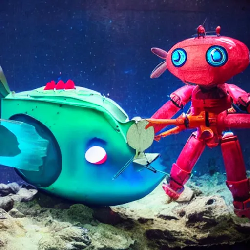 Prompt: giant robot anglerfish with a human puppet as a lure