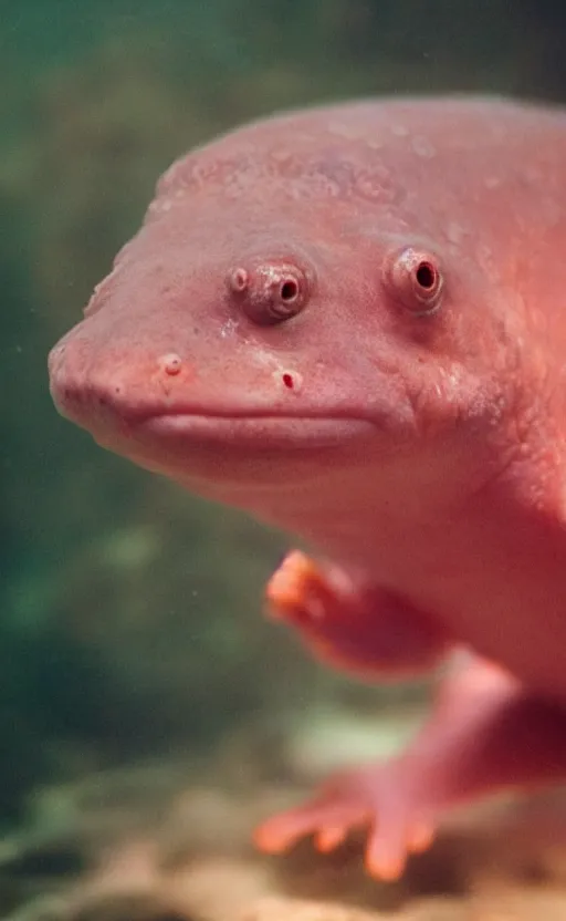 Image similar to Close up of an axolotl in an aquarium, insanely detailed, octane render, cinestill 800t, low light and soft focus