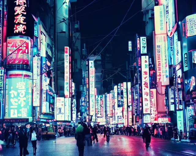 Image similar to futuristic tokyo crowded night street with neon signs by pixar, the animatrix, atmospheric, cinematic composition, 8 k, cinematic lighting, blade runner