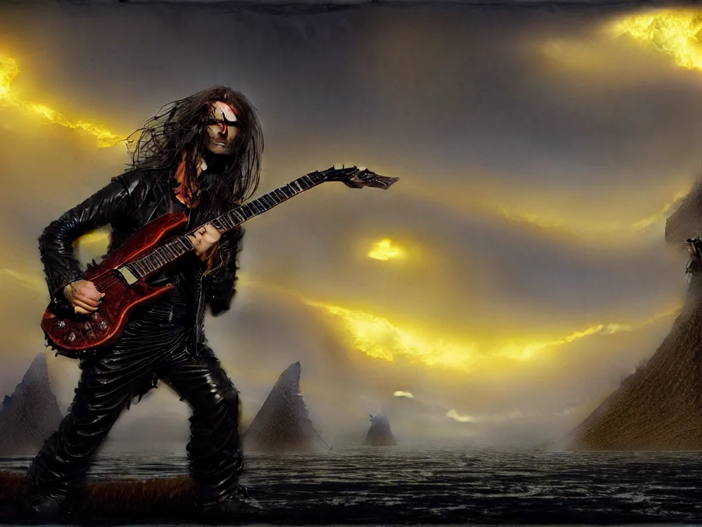 Prompt: long - haired man in leather jacket playing the most amazing electric guitar, epic landscape, fantasy concept art, john howe, 4 k