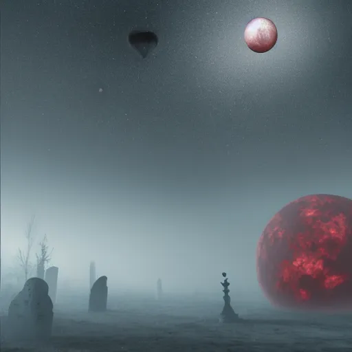 Prompt: new planet, red, red sky, depth, creepy, monsters, eyes, graveyard, death, dead, red eyes, 8k, hyperrealistic, depth, vray, high resoulution, deathly