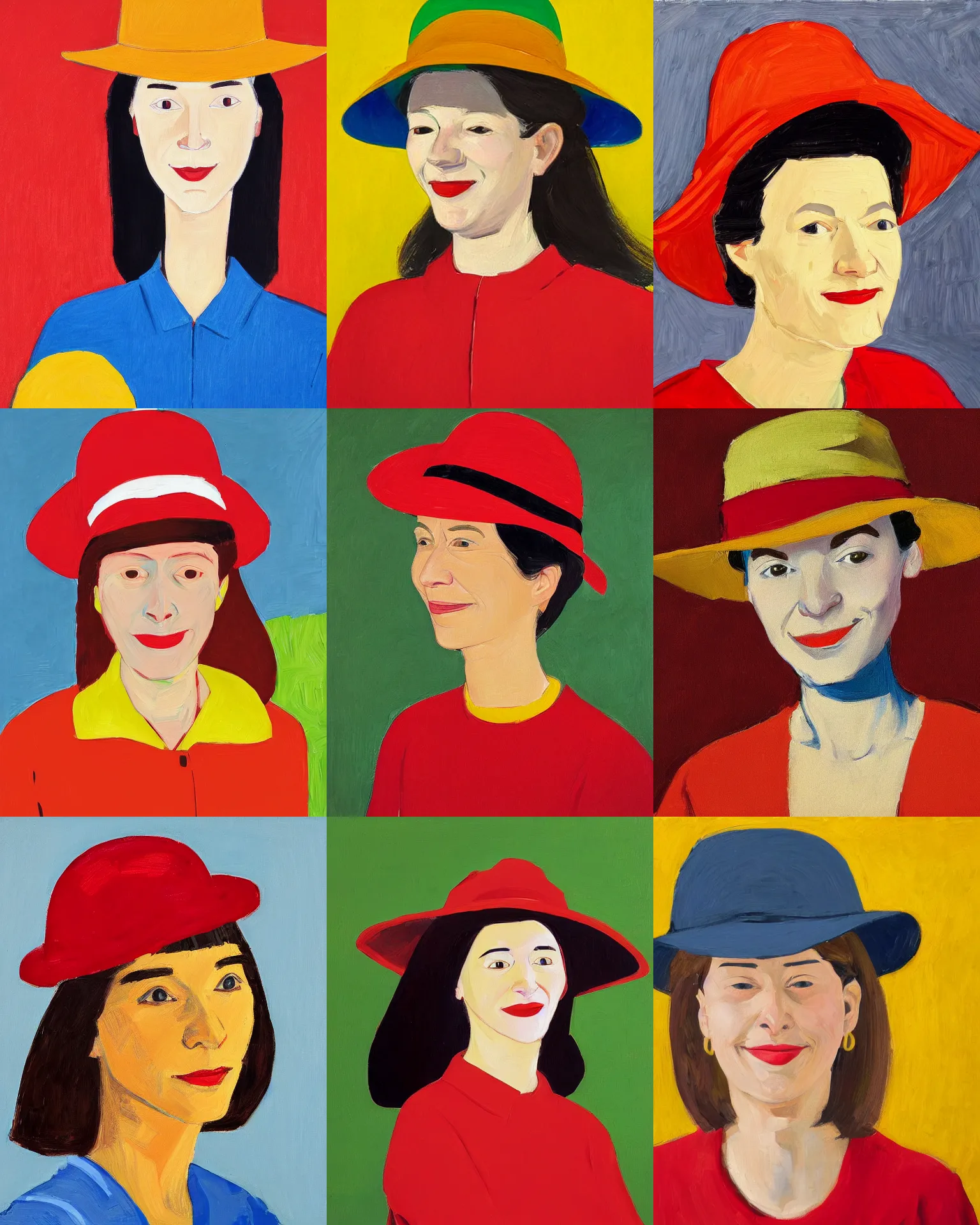 Prompt: portrait of a smiling woman with hat, red shirt, yellow background, colorful, by alex katz, close up