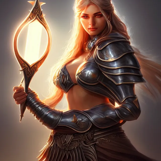 Image similar to beautiful cleric warrior with light powers, highly detailed, 4 k, hdr, smooth, sharp focus, high resolution, award - winning photo, artgerm, photorealistic