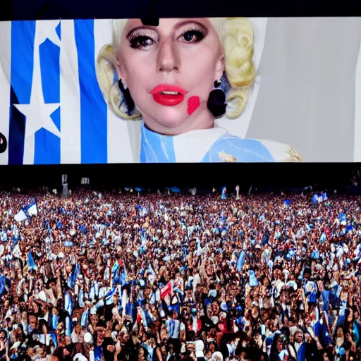 Image similar to Lady Gaga as president, Argentina presidential rally, Argentine flags behind, bokeh, giving a speech, detailed face, Argentina