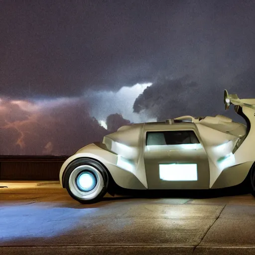 Image similar to futuristic flying car in surrounded by a circle made of lightning, in the sky, thunderstorm at night, 28mm dramatic photo