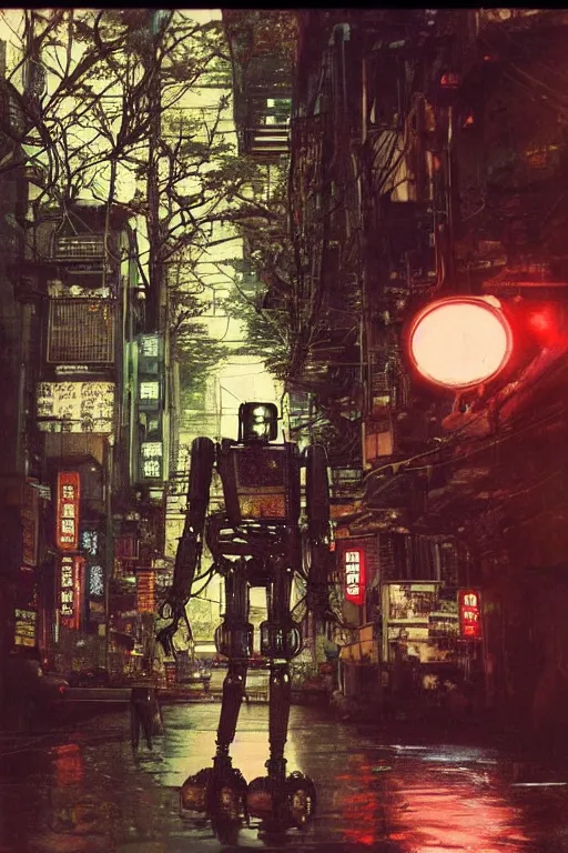 Prompt: vintage autochrome photo of ancient overgrown cyberpunk tokyo with robot by syd mead, night, rain, flowers, beautifully lit, hyperdetailed, unreal engine, photorealistic