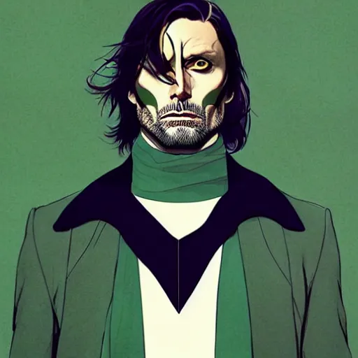 Image similar to Joshua Middleton comic art, wide shot, handsome elegant male Mads Mikkelson, spy, kabuki mask, beautiful evil sneer, symmetrical face, symmetrical eyes, leather clothing and boots, long straight green black hair, full body, Indigo occult pattern