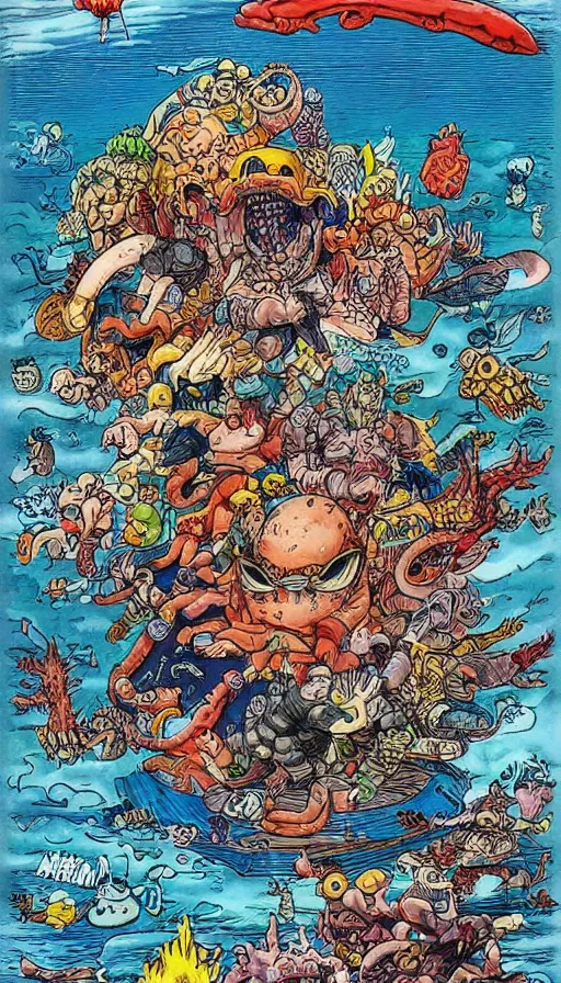 Prompt: man on boat crossing a body of water in hell with creatures in the water, sea of souls, by akira toriyama