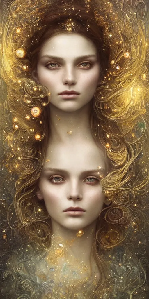 Image similar to Beautiful Delicate Detailed portrait of sun summer woman, With Magical golden eyes by Tom Bagshaw, Bastien Lecouffe Deharme, Erik Johansson, Amanda Sage, Alex Grey, Alphonse Mucha, Harry Clarke, Josephine Wall and Pino Daeni, Delicate winter frozen creature With long golden Hair and Magical Sparkling Eyes, Magic Particles; Magic Swirls, in a out of this world magical summer landscape, 4K; 64 megapixels; 8K resolution concept art; detailed painting; digital illustration; hyperrealism; trending on Artstation; Unreal Engine Photorealistic, lifelike, Unreal Engine, sharp, sharpness, detailed, 8K