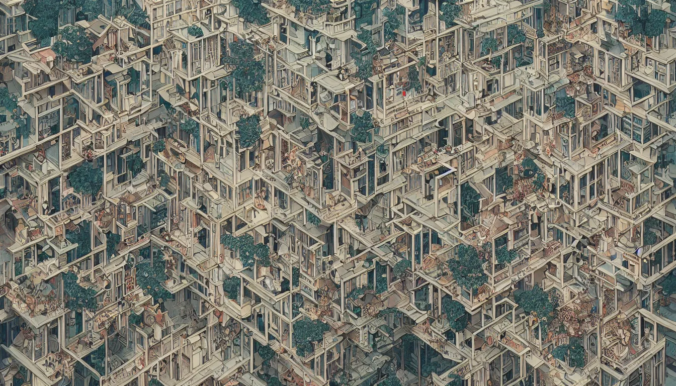 Image similar to architecture by mc escher and victo ngai